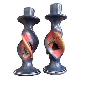 Vintage African Soapstone Candlestick Holders Hand‎ Carved Animal Design Blue